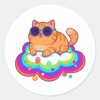naughty Orange Cat Blep on Rainbow Cloud Runder Aufkleber