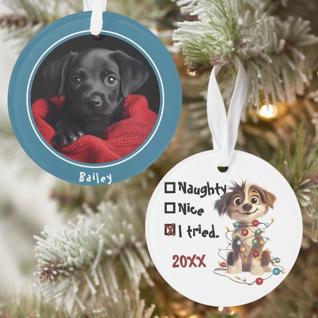 Naughty Puppy Santa Checklist Blue Ornament (Von Creator hochgeladen)