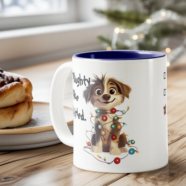 Naughty Puppy Santa Checklist Blue Zweifarbige Tasse (Von Creator hochgeladen)