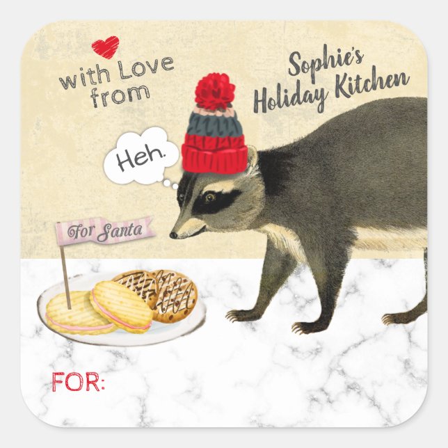 Naughty raccoon frisst Ihre Weihnachtskekse backen Quadratischer Aufkleber (Vorderseite)