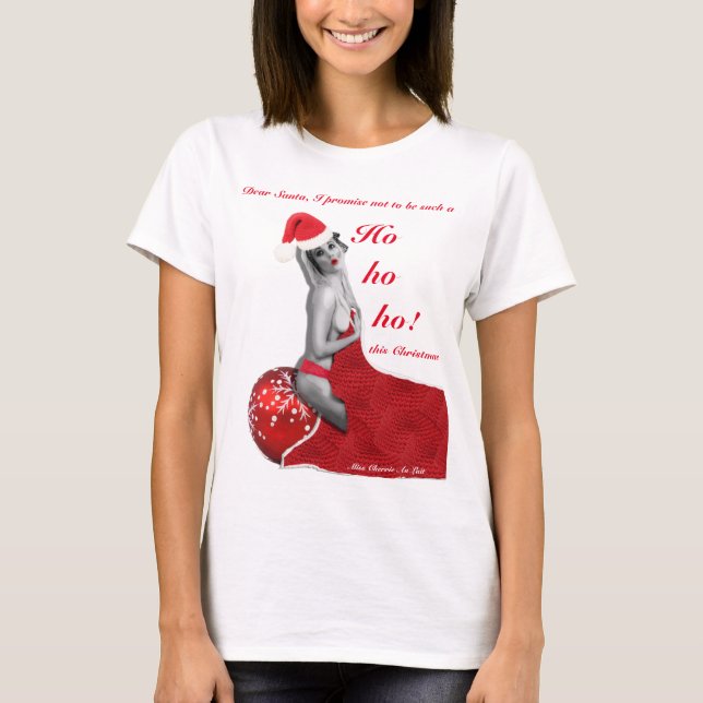 Naughty Santa Pinup Joke Ladys Christmas T - Shirt (Vorderseite)