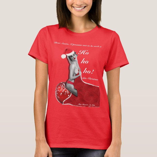 Naughty Santa Pinup Joke Ladys Christmas T - Shirt (Vorderseite)