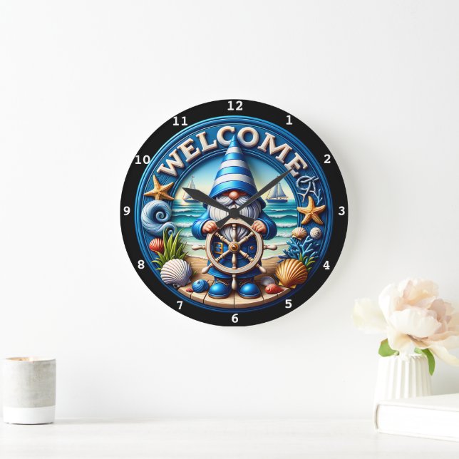 Nauome Gnome Welcome Beach Clock Große Wanduhr (Zuhause)