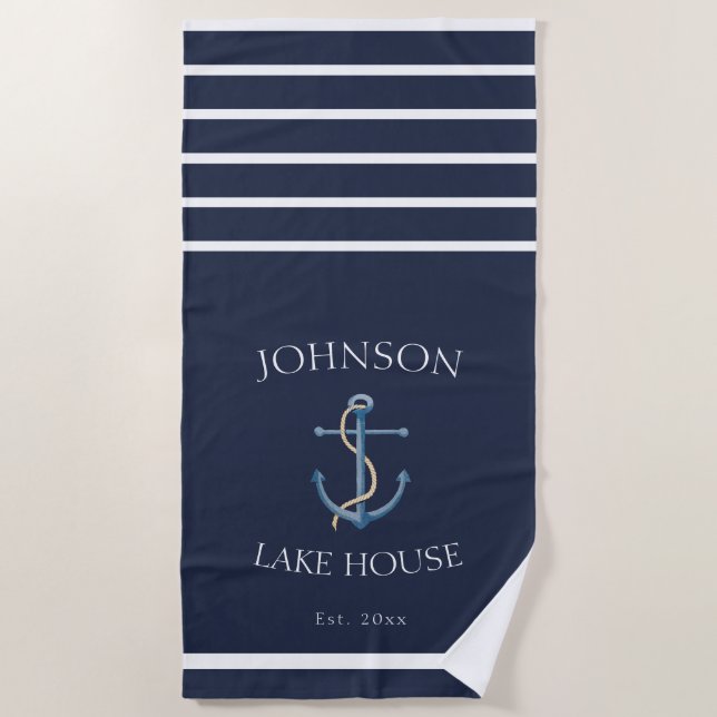Nausea Blue White Family Name Lake House Strandtuch (Vorderseite)