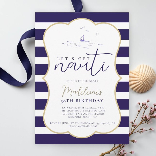 Nauti Nautical Boat Party Küste 30. Geburtstag Einladung (nautical 30th birthday invitation women her coastal beach yacht boat sailing stripes elegant frame)