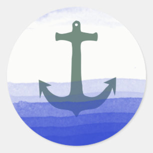 Nautic Anchor Beach Blue Aquamarin Summer Watercol Runder Aufkleber
