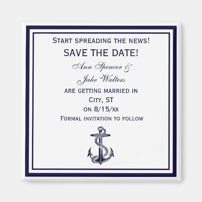 Nautic Anchor Blue Gerahmt 2 Save the Date Magnet (Vorne)