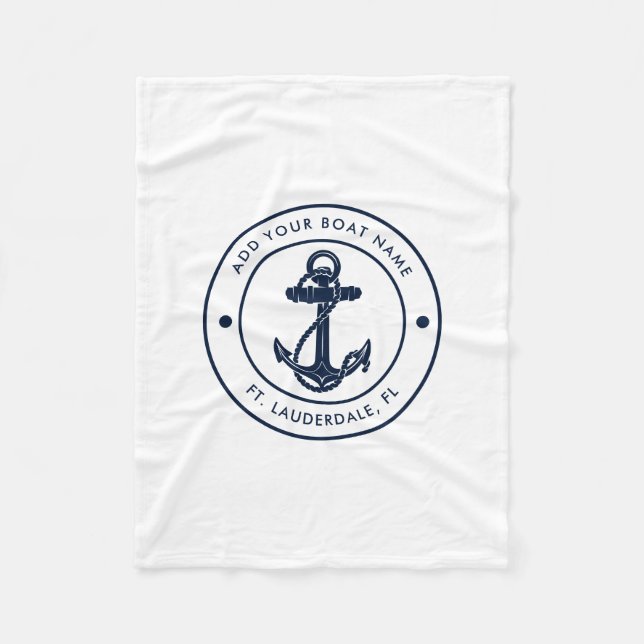 Nautic Anchor Boat Name Navy Blue Boating Swag Fleecedecke (Vorderseite)