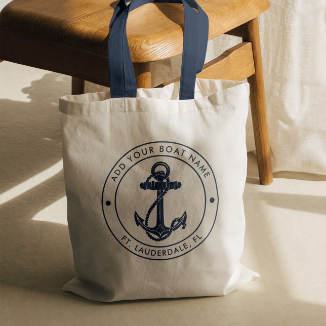 Nautic Anchor Boat Name Navy Blue Custom Tragetasche (Nautical Anchor Navy Blue Boat Name Tote Bag)