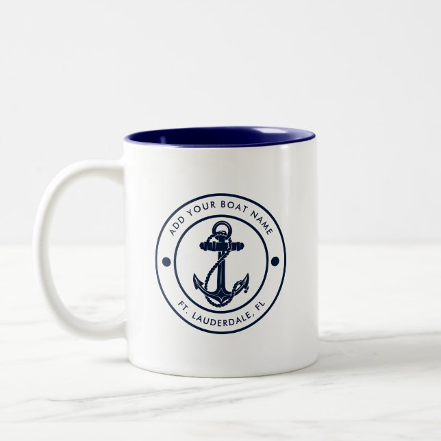 Nautic Anchor Boat Name Navy Blue Custom Zweifarbige Tasse (Links)