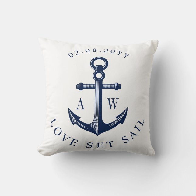 Nautic Anchor Custom Monogram White Kissen (Vorderseite)