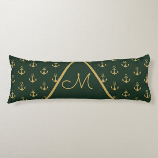Nautic Anchor Dark Forest Green Gold Monogram Seitenschläferkissen