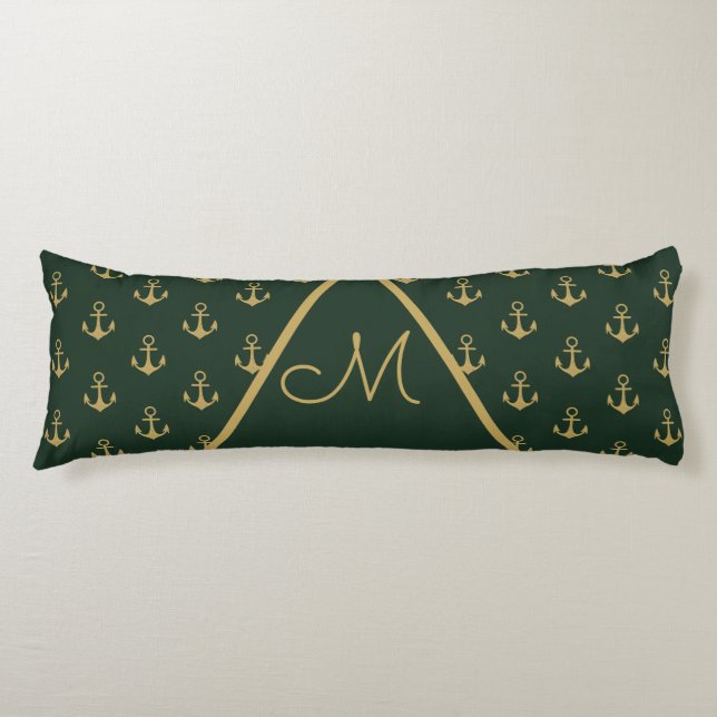 Nautic Anchor Dark Forest Green Gold Monogram Seitenschläferkissen (Vorderseite)