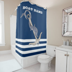 Nautic, Anchor Dolphin Navy Blau Streifen Duschvorhang