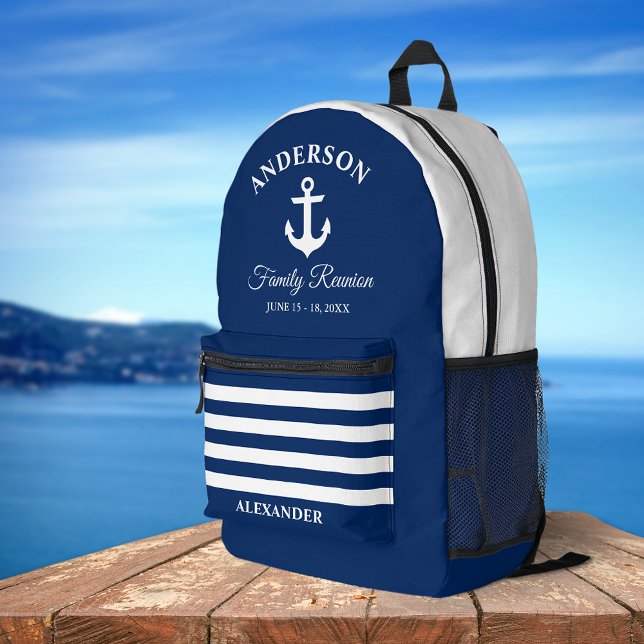 Nautic Anchor Family Wiedersehen Navy Blue Stripes Bedruckter Rucksack (Customize to change text size or text style.)