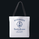 Nautic Anchor Family Wiedersehen Navy Blue & White<br><div class="desc">Eine nautische Themenfamilie Wiedersehen tote-Tasche,  die stolz Ihren Familiennamen,  Ihr Wiedersehen Datum und Ihre Lage in elegantem Kalligrafieschrift mit stilvollem,  modernem Text zeigt. Dieses Design beinhaltet ein eigenes Bootankerwerk mit einem Kompass-Stil-Boarder in marineblau auf weiß oder kann den Hintergrund leicht an jede gewünschte Farbe anpassen.</div>