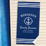 Nautic Anchor Family Wiedersehen Navy Blue & White Strandtuch<br><div class="desc">Nautische Wiedersehen-Strandtücher zu thematischen Themen,  die stolz Ihren Familiennamen,  Ihr Wiedersehen Datum und Ihre Lage in elegantem Kalligrafieschrift mit stilvollem,  modernem Text darstellen. Dieses Design beinhaltet ein eigenes Bootanker mit einem weißen Kompass-Boarder in Marineblau oder passt den Hintergrund einfach an jede gewünschte Farbe an.</div>