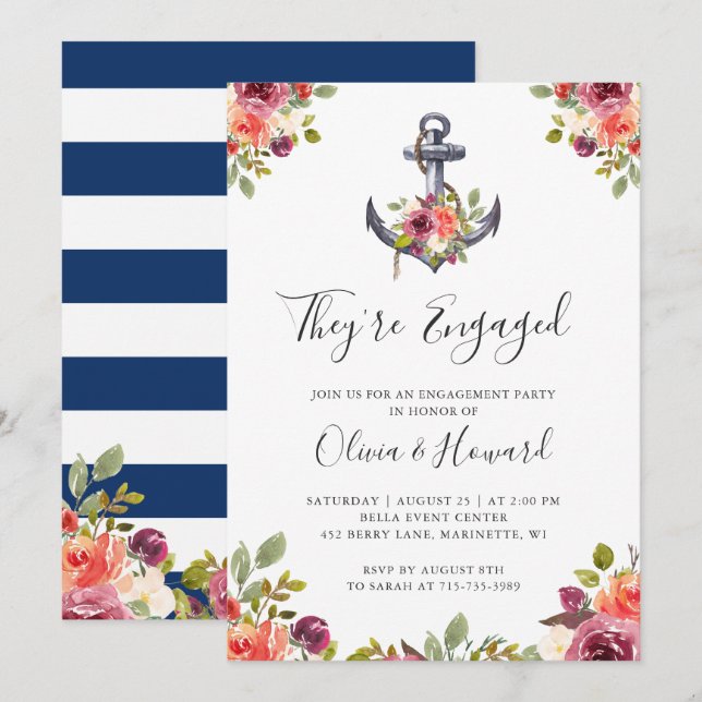 Nautic Anchor Floral Navy Blue Engagement Party Einladung (Vorne/Hinten)