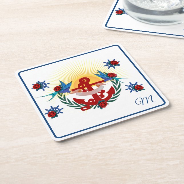 Nautic Anchor Floral Red Blue Rechteckiger Pappuntersetzer (angewinkelt)