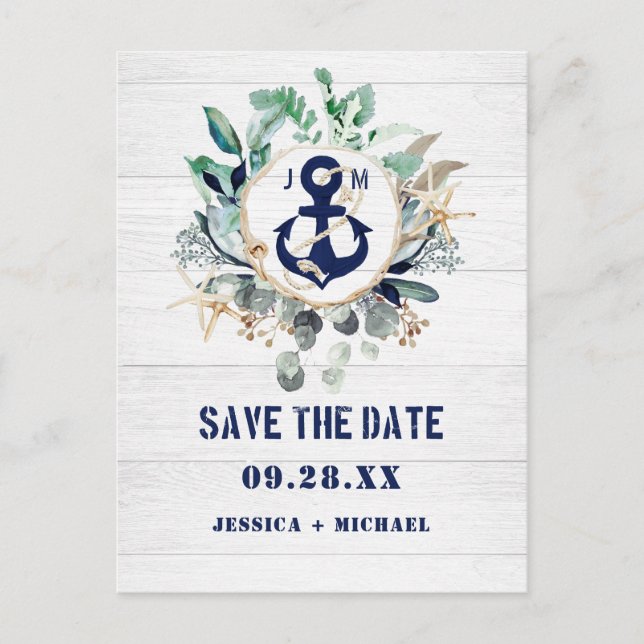 Nautic Anchor Floral Rustic Beach Save the Date Einladungspostkarte (Vorderseite)