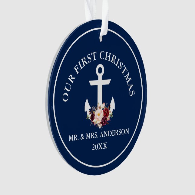 Nautic Anchor Floral Unser erstes Weihnachtsblau Ornament (Vorderseite)