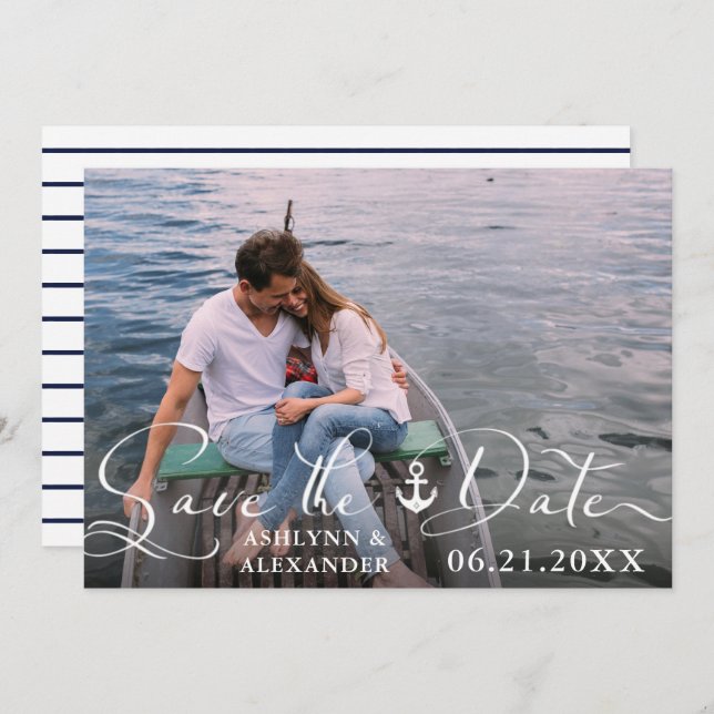 Nautic Anchor Foto Script Typografy Navy Blue Save The Date (Vorne/Hinten)