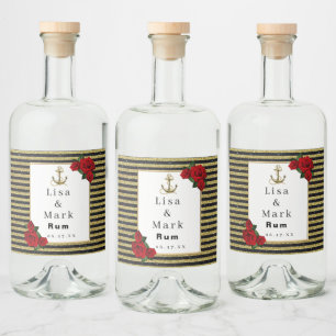 Nautic Anchor Gold Black Stripes Alkoholflaschenetikett