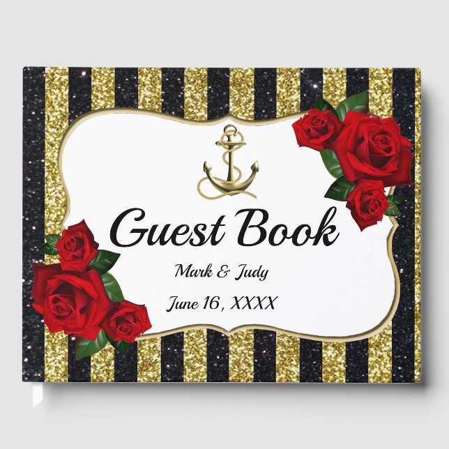 Nautic Anchor Gold Black Stripes Guestbook Gästebuch (Vorderseite)