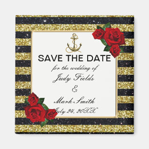 Nautic Anchor Gold Black Stripes Save the Date Magnet