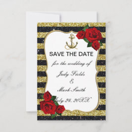 Nautic Anchor Gold Black Stripes Save the Date RSVP Karte