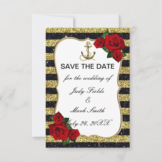 Nautic Anchor Gold Black Stripes Save the Date RSVP Karte (Vorderseite)