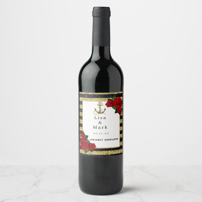 Nautic Anchor Gold Black Stripes Weinetiketten Weinetikett (Vorderseite)