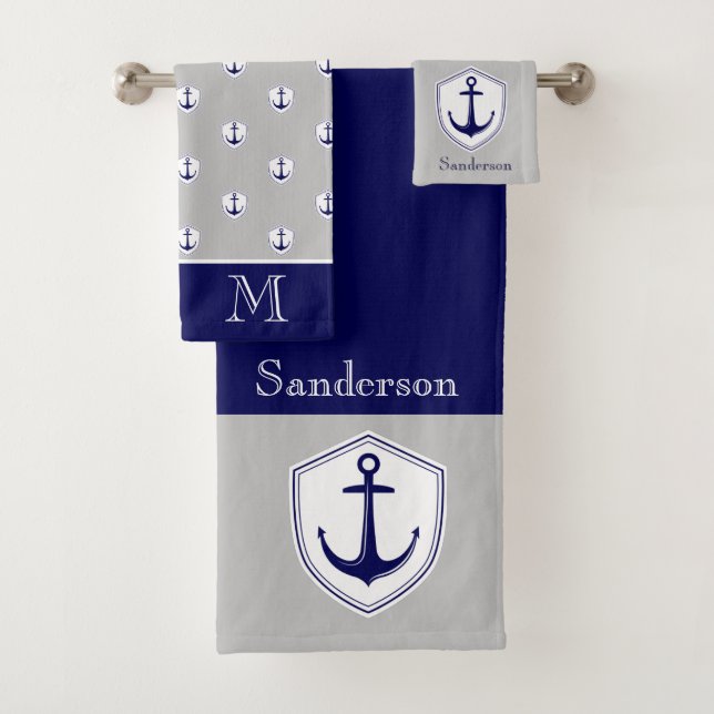 Nautic Anchor Gray Blue Navy Badezimmer Badetuch Badhandtuch Set (Insitu)