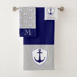 Nautic Anchor Gray Blue Navy Badezimmer Badetuch Badhandtuch Set