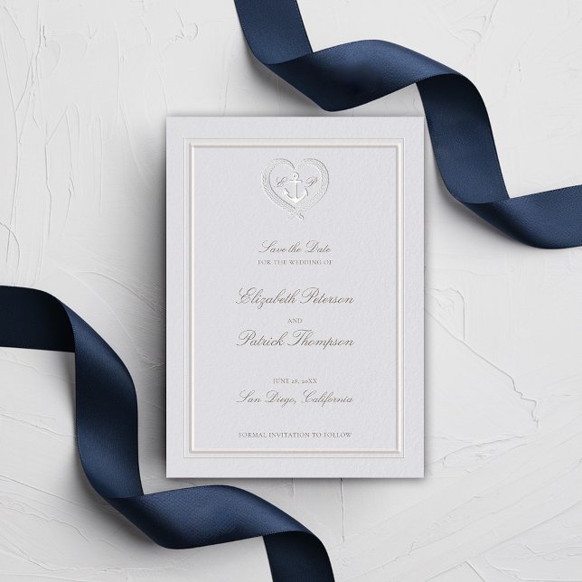 Nautic Anchor Heart Wappen Classic feierliche Hoch Save The Date (nautical wedding save date classic formal traditional frame faux embossed anchor crest monograms)