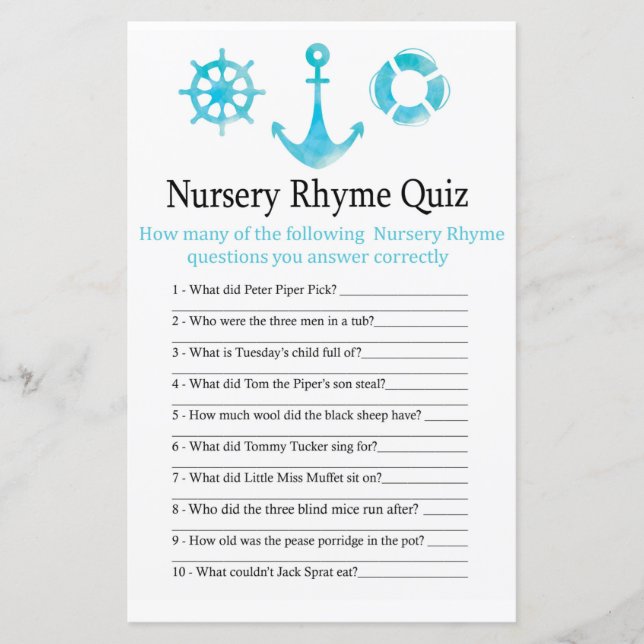 Nautic Anchor Kinderzimmer Rhyme Quiz Babyshowerga (Vorderseite)