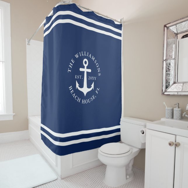 Nautic Anchor Light Navy Blue Personalisiert Duschvorhang (Beispiel)