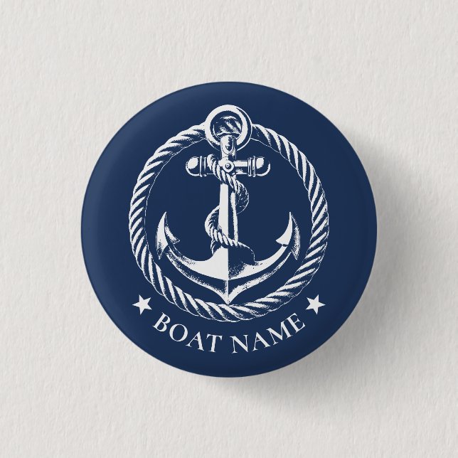 Nautic Anchor Logo Navy Blue Boat Name Button (Vorderseite)