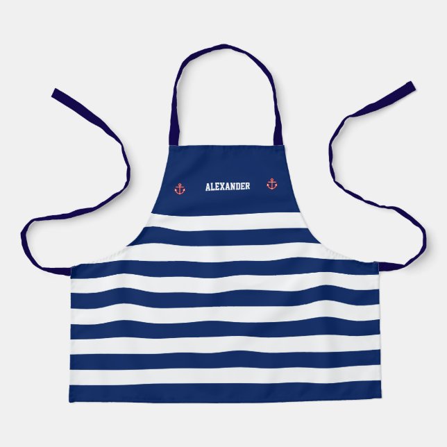Nautic Anchor Marine Navy Blue White Stripes Apr Schürze (Vorderseite)