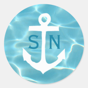 Nautic Anchor Monogram Aqua Runder Aufkleber