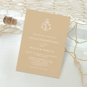 Nautic Anchor Monogram Beige Tan Wedding Einladung