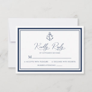 Nautic Anchor Monogram Navy Hochzeit RSVP Karte