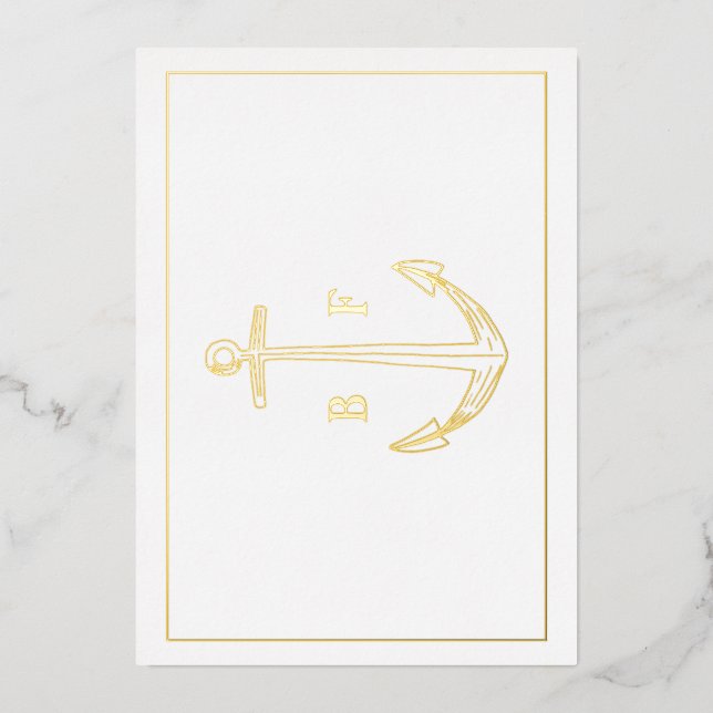 Nautic Anchor Monogram Vielen Dank Note Gold Card Folieneinladung (Vorderseite)