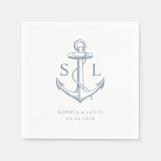Nautic Anchor Monogram Wedding Dusty Blue Serviette (Vorderseite)