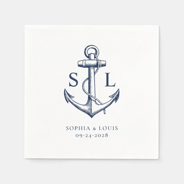 Nautic Anchor Monogram Wedding Navy Serviette (Vorderseite)