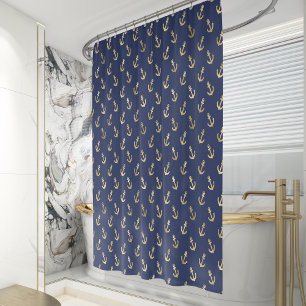 Nautic Anchor Muster Navy Blue Gold Duschvorhang