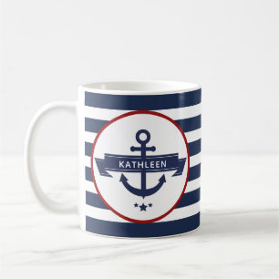 Nautic Anchor Name Navy Blue Stripes Kaffeetasse