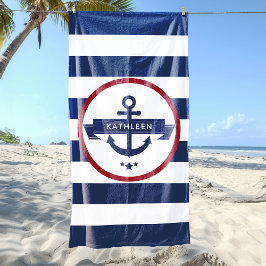 Nautic Anchor Name Navy Blue Stripes Strandtuch