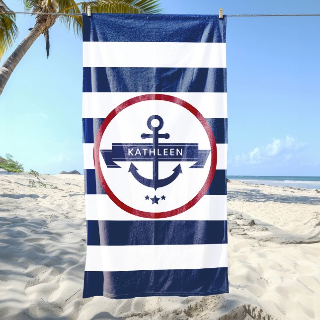 Nautic Anchor Name Navy Blue Stripes Strandtuch (Nautical Anchor Name Navy Blue Stripes Beach Towel)