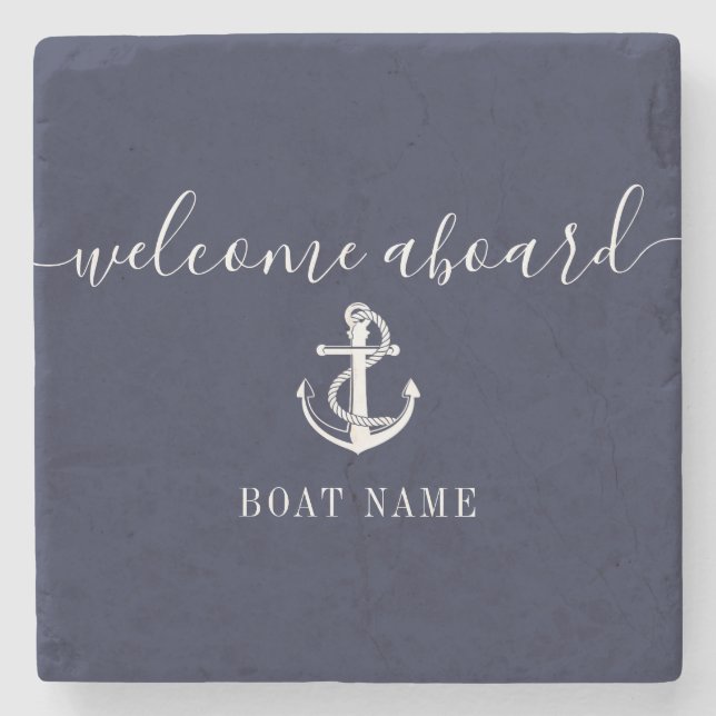 Nautic Anchor Name Navy Blue Willkommen an Bord Steinuntersetzer (Vorderseite)